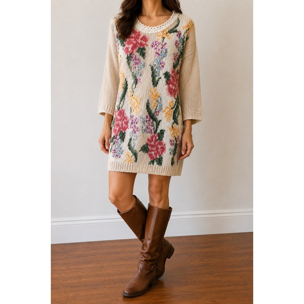 VTG Marisa Christina Hand Knit Floral Tunic Sweater Dress Small Cottagecore 90s